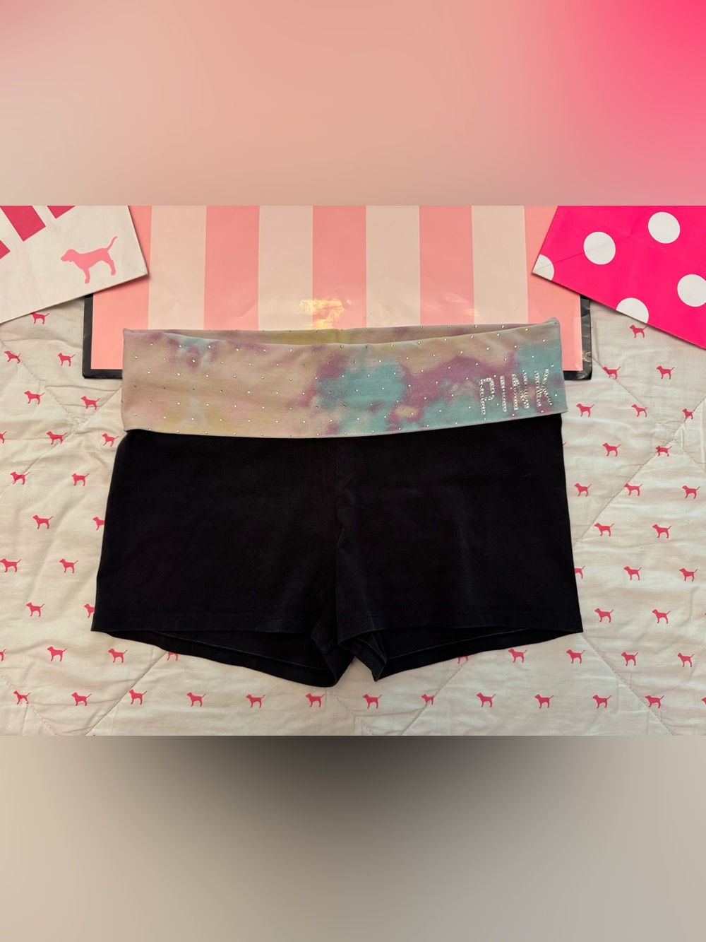 VS PINK VINTAGE Y2K FOLDOVER YOGA SHORTS COTTON CANDY TIE DYE BLING RHINESTONE L